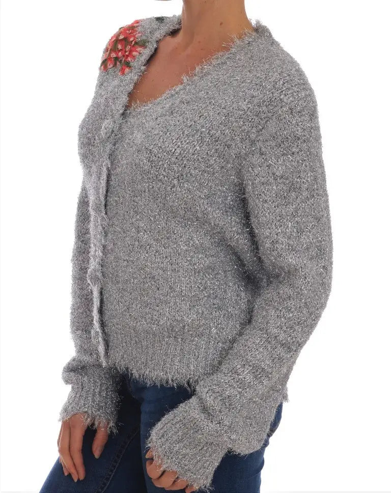 Cardigan gris doux en maille avec broderie florale délicate sur l’épaule dolce & gabbana silver