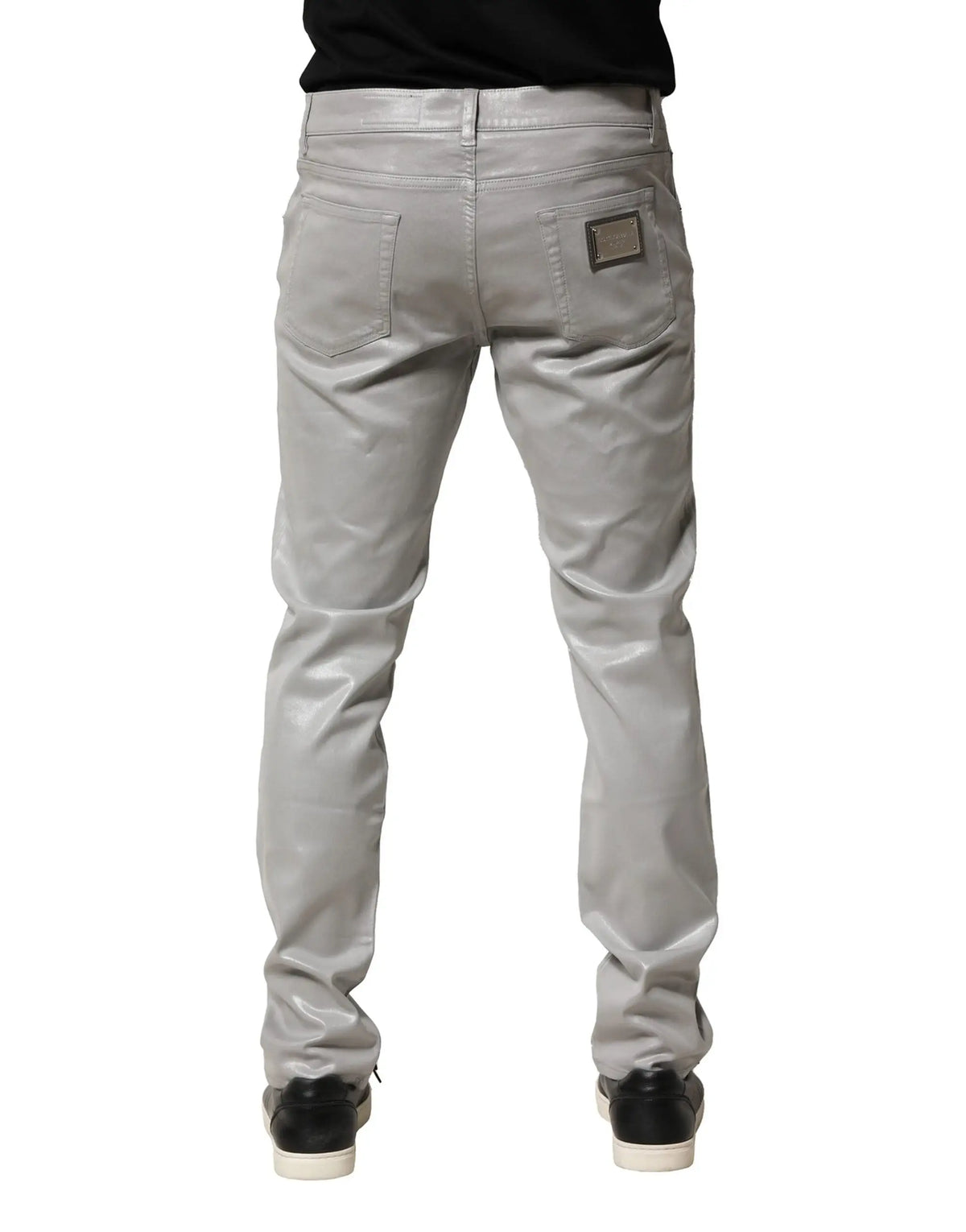 Jeans slim en denim stretch coton argenté dolce & gabbana vue arrière avec patch marque rectangulaire sur poche droite