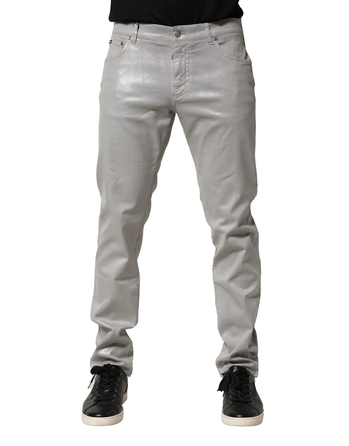 Jean slim en denim stretch coton argenté dolce gabbana avec finition métallisée et cinq poches classiques