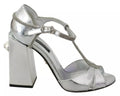 Sandalettes argentées dolce & gabbana en cuir avec talon bloc et strass sur bride cheville et avant-pied