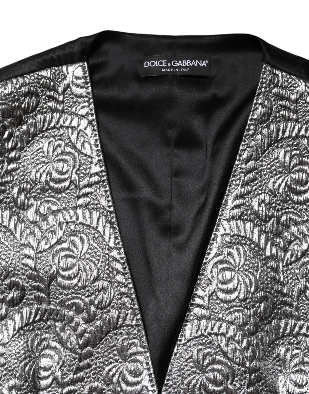 Dolce & gabbana gilet sans manches argent à motifs floraux en jacquard avec doublure satin noire et étiquette marque