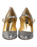 Dolce & gabbana silver glitter mary jane heels with pearl accents and gold interior lining in mink fur for elegant wear