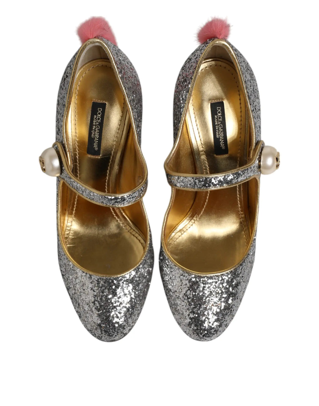 Dolce & gabbana silver glitter mary jane heels with pink pom-poms and pearl accents in mink fur válly pumps style