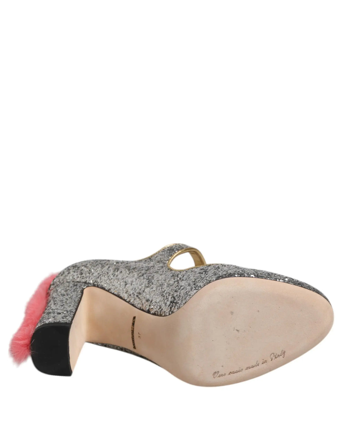 Dolce & gabbana silver glitter mary jane pump with mink fur pink feather accent and gold-tone strap