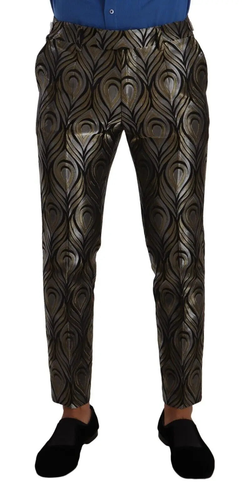 Pantalon homme dolce & gabbana en jacquard or argent avec motif plume de paon noir et doré métallique
