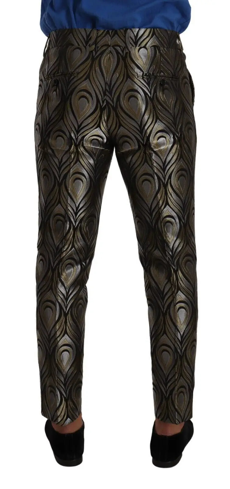 Pantalon homme dolce gabbana en jacquard argent or avec motif plume de paon vert olive métallique