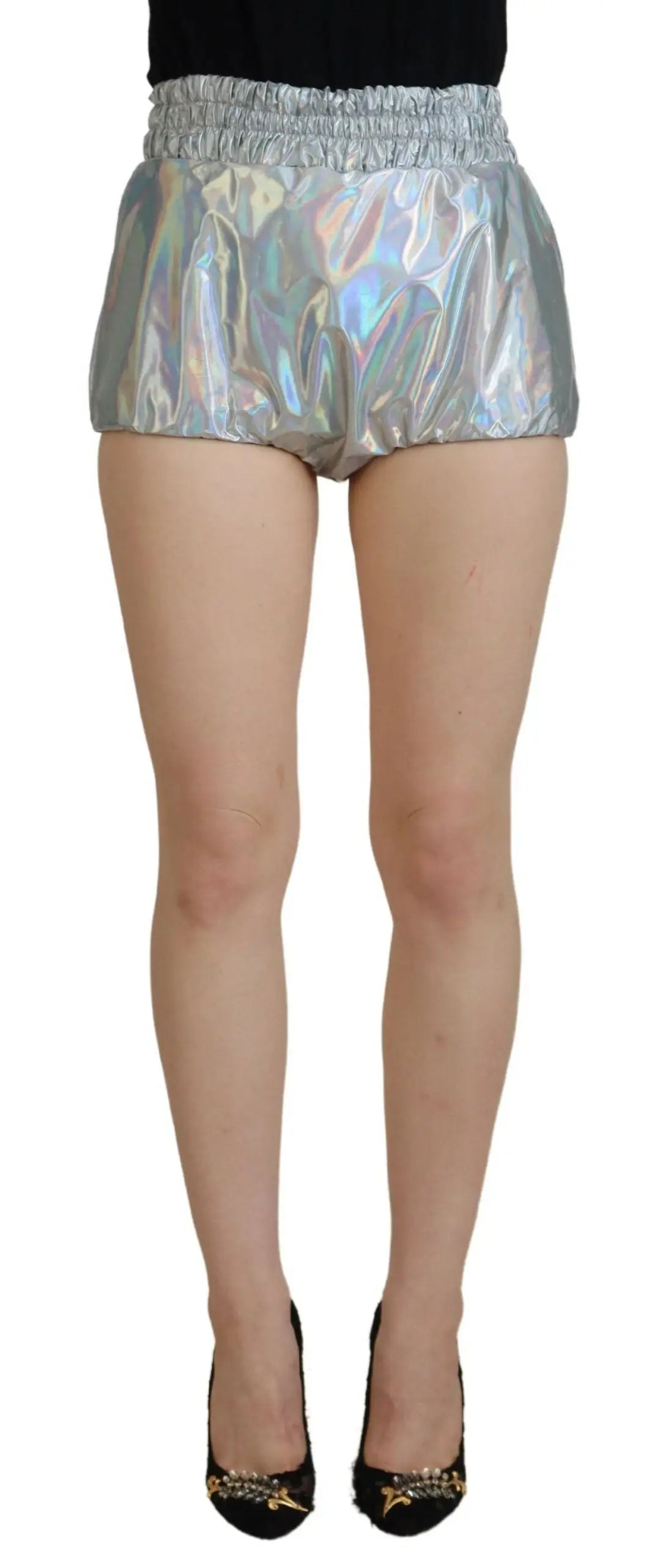 Dolce & gabbana silver holographic high waist hot pants shorts en tissu stretch avec taille élastique adaptable