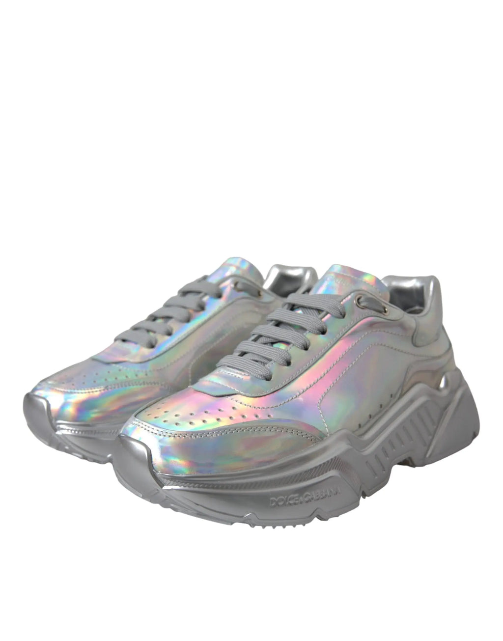 Baskets en cuir iridescentes argentées dolce gabbana daymaster avec semelles épaisses et lacets gris