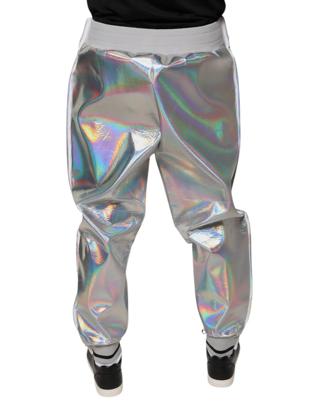 Dolce & gabbana silver iridescent men jogger sweatpants with reflective finish and gray elastic waistband