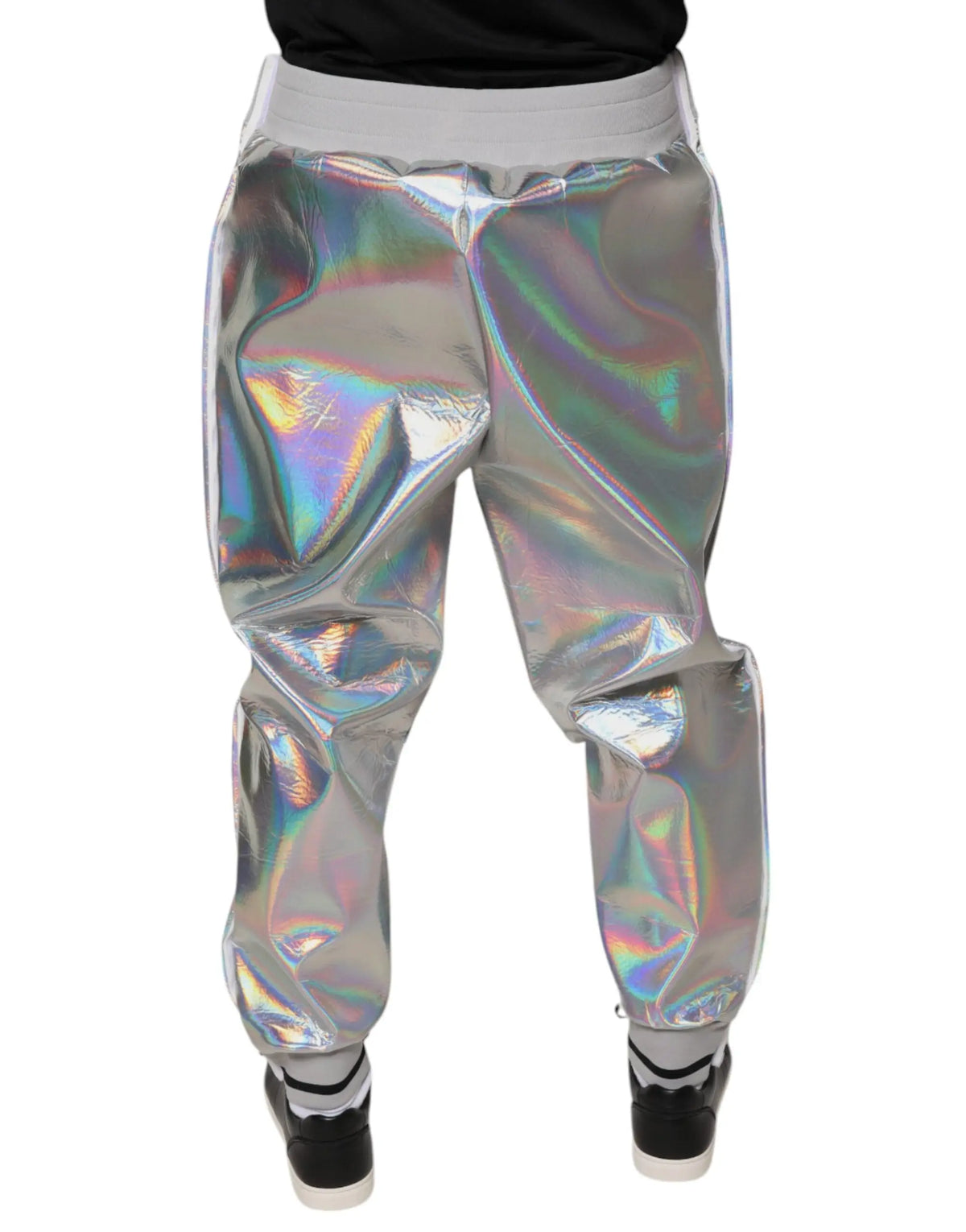 Dolce & gabbana silver iridescent men jogger sweatpants with reflective finish and gray elastic waistband
