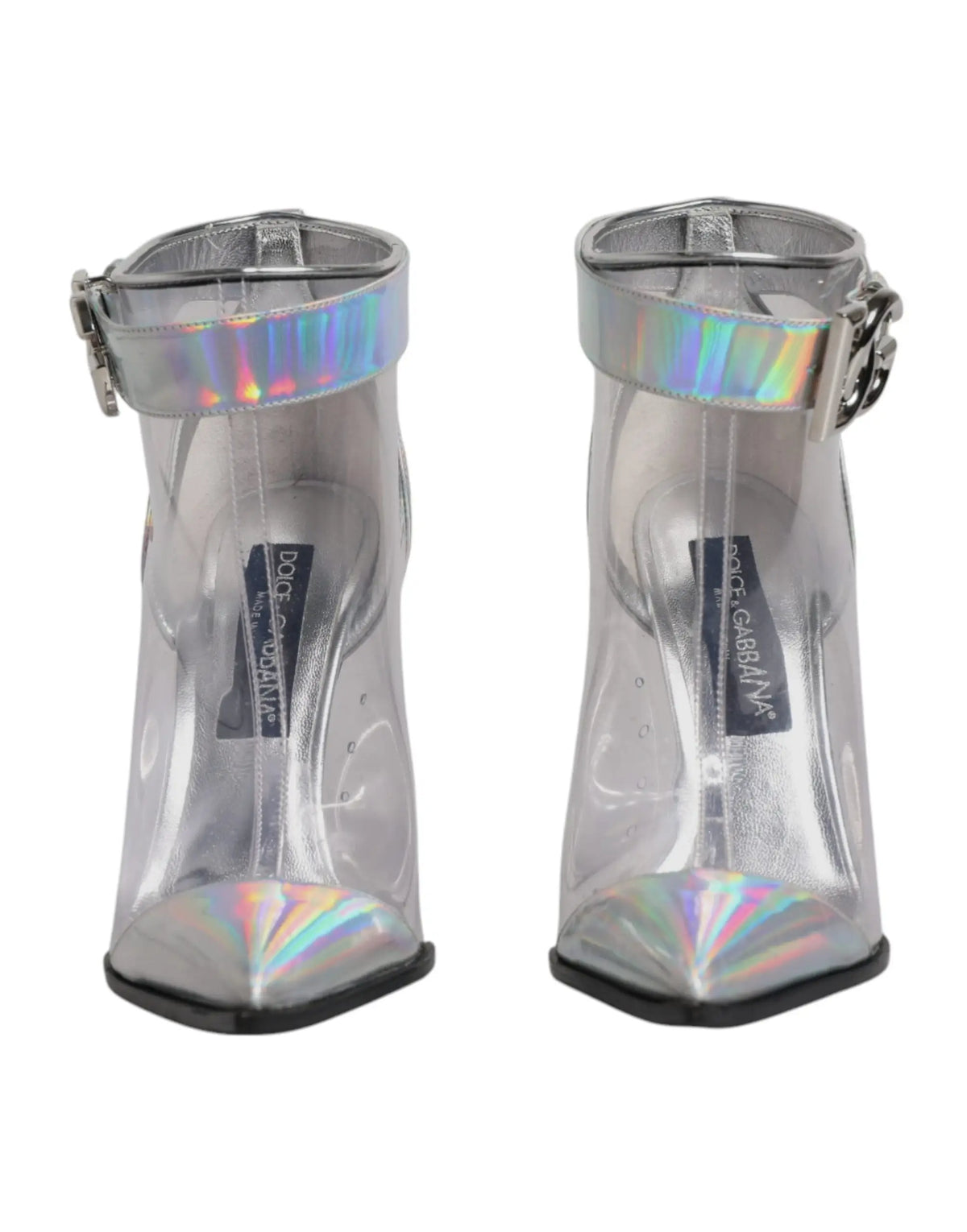 Dolce & gabbana bottines courtes pointues iridescentes argentées en plastique transparent avec accents métalliques et semelles noires
