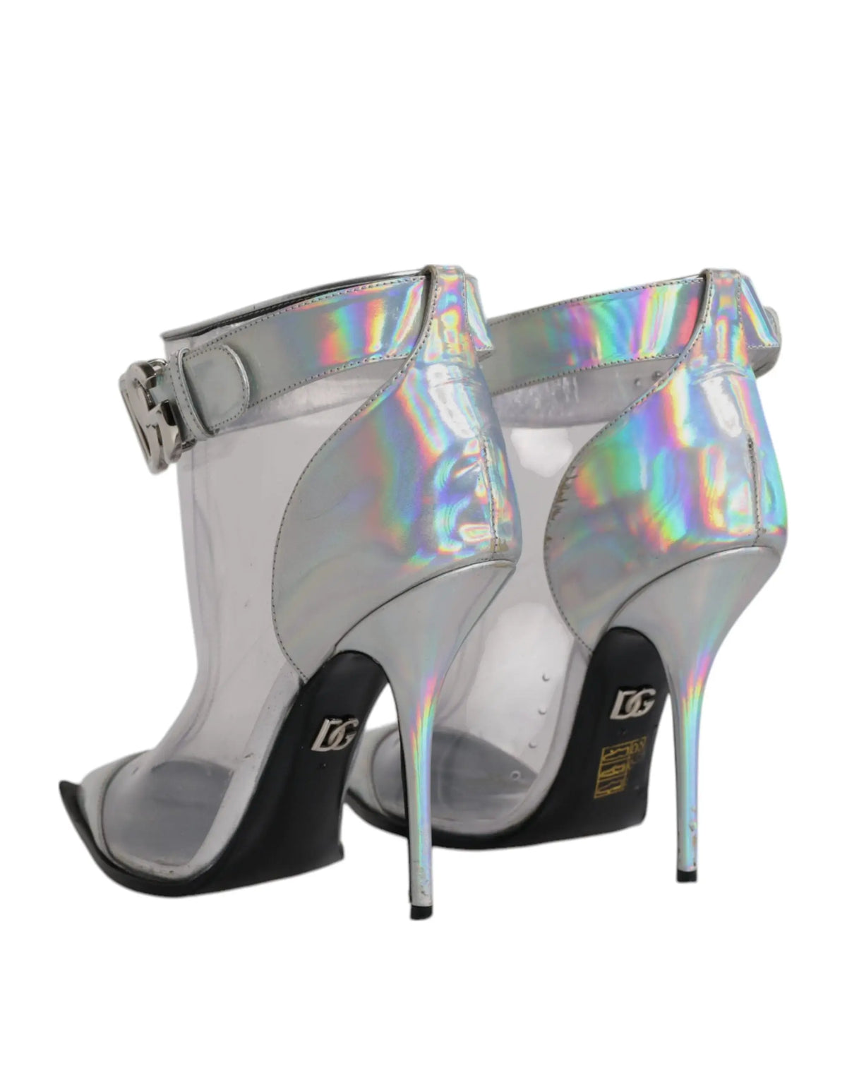 Dolce & gabbana bottines courtes argentées iridescentes à talons avec panneaux transparents et semelle noire