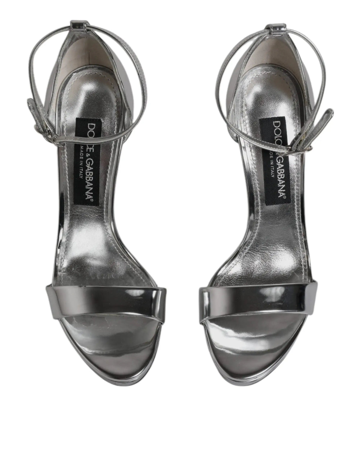 Sandales à talons argentées dolce & gabbana keira en cuir métallisé avec design minimaliste et brides à la cheville