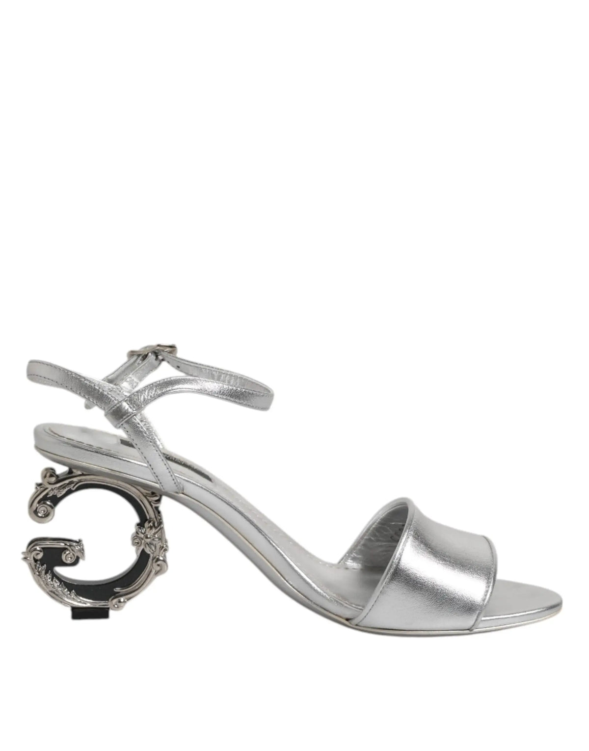 Sandales à talons argentées dolce & gabbana keira avec bride à la cheville et talon sculpté orné d un accent noir