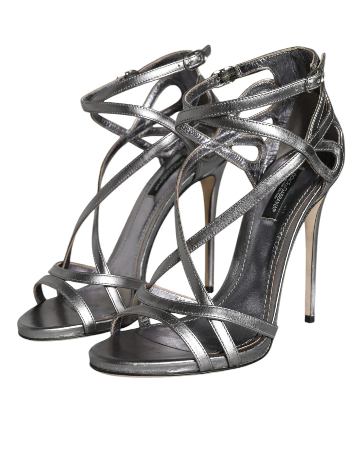 Sandales à talons hauts en cuir argenté dolce & gabbana keira avec brides croisées et talons stilettos fins