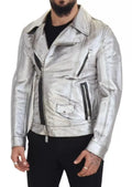 Veste biker en cuir argenté dolce & gabbana avec détails zippés noirs en agneau cuir