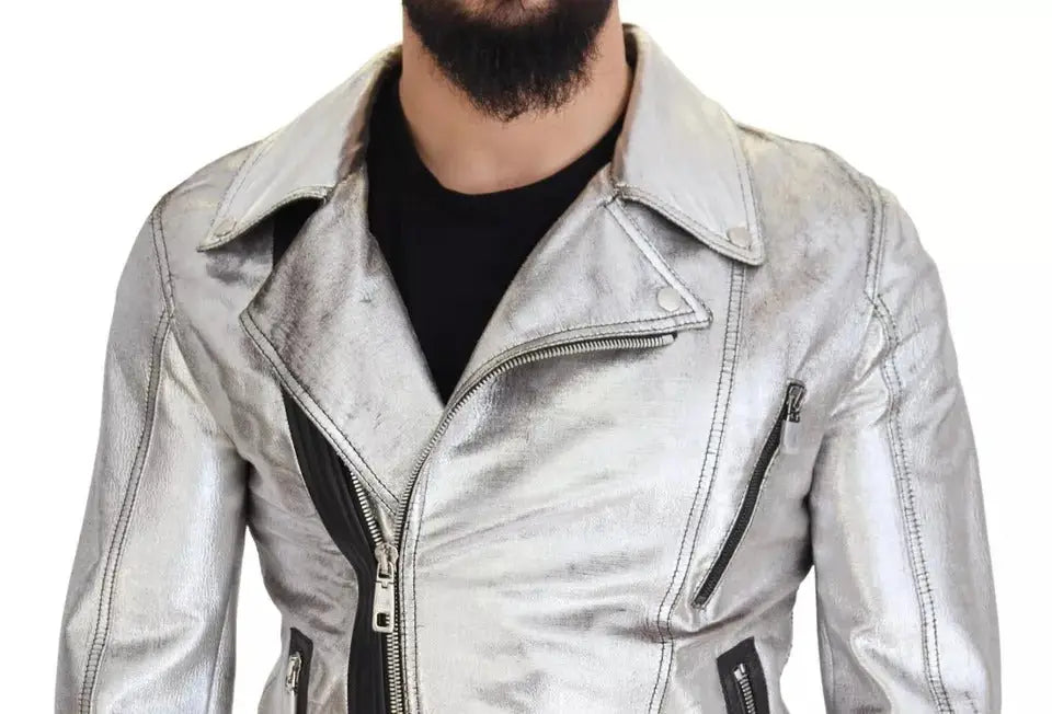 Dolce & gabbana veste biker en cuir dagneau argenté avec des accents de fermeture éclair noire