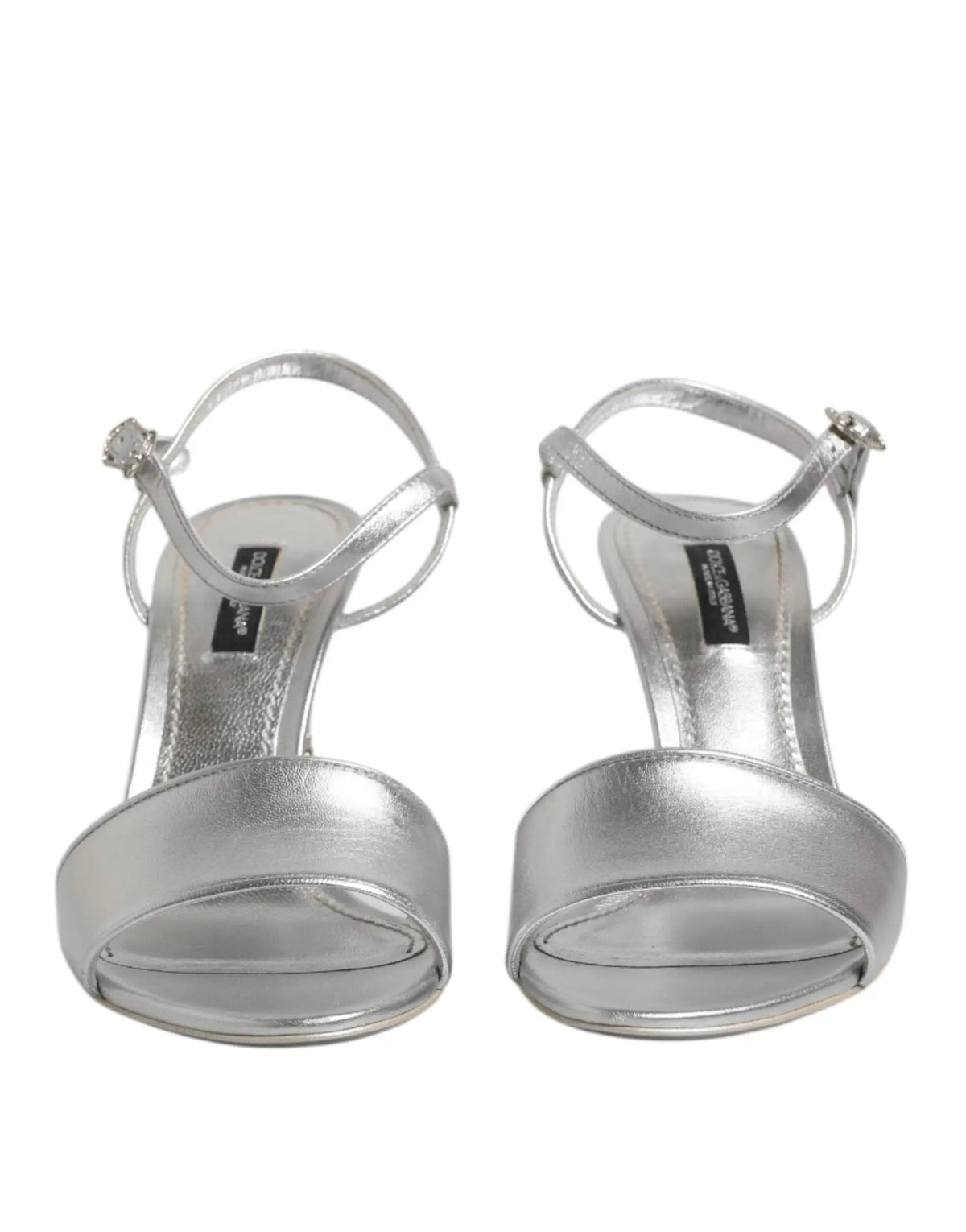 Sandales dolce & gabbana keira argentées en cuir avec talons métalliques et petits cristaux sur les brides cheville