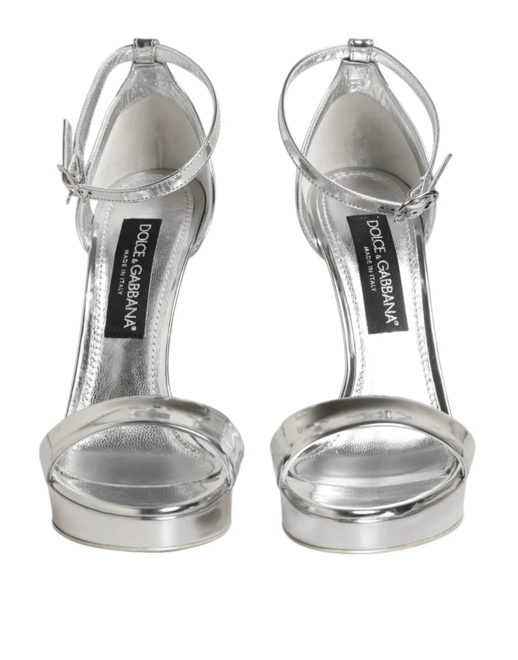 Dolce & gabbana silver leather sandals with metallic platform heels and thin ankle straps in a sleek design