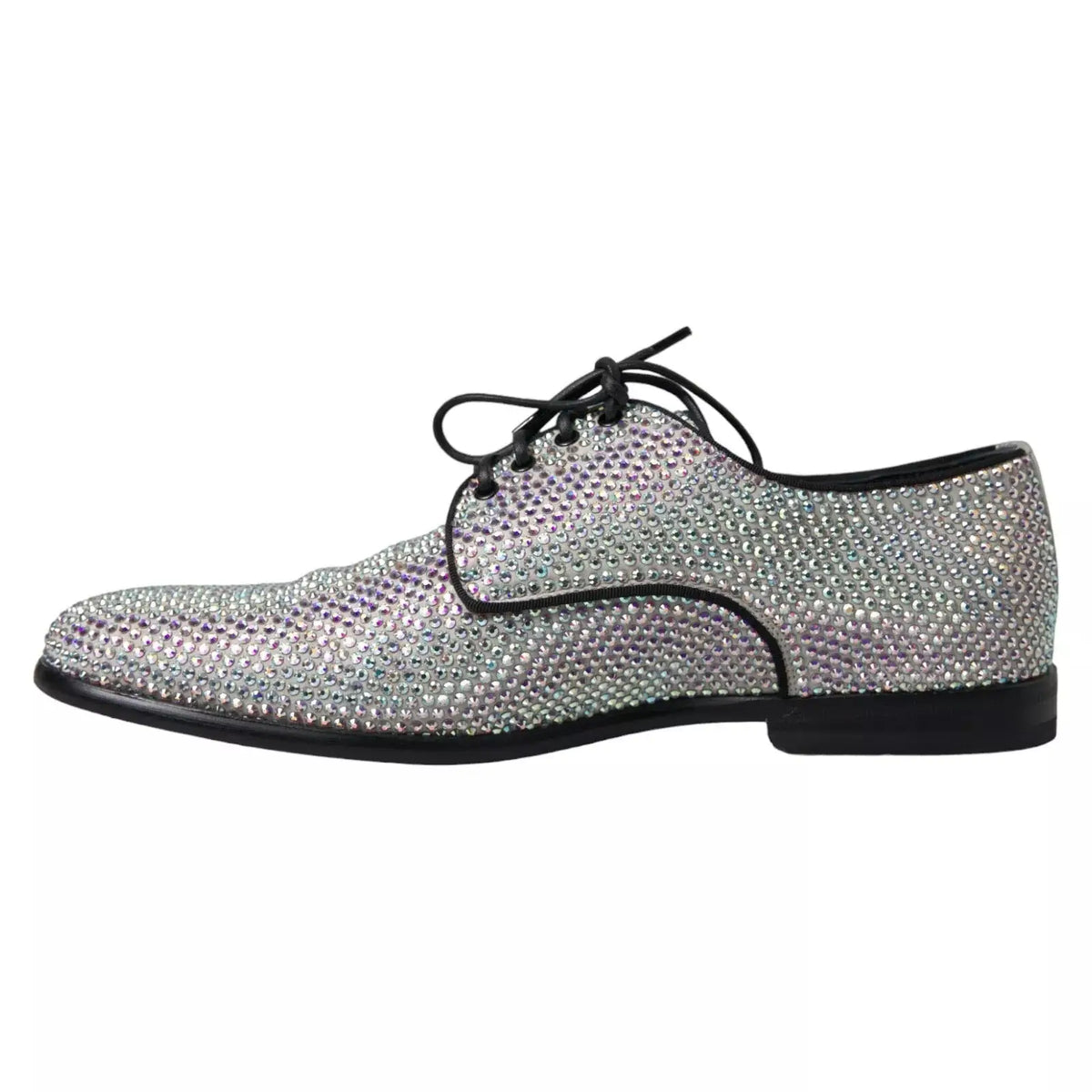 Dolce & gabbana derby homme en cuir argenté orné de rhinestones irisés avec lacets et semelle noirs