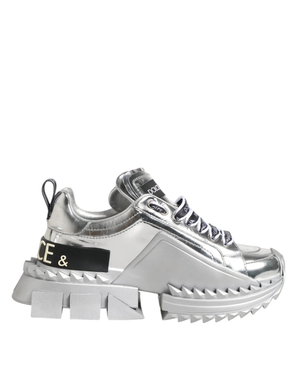 Baskets dolce & gabbana super queen en cuir argenté avec semelle géométrique épaisse et accents noirs audacieux