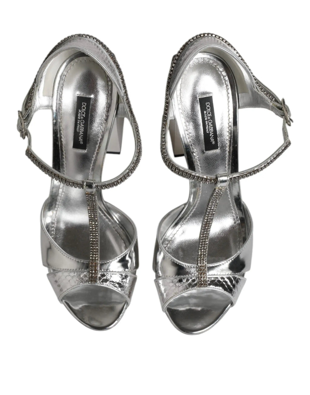 Sandales à talons dolce & gabbana en cuir argenté avec brides t et strass ouvertes à bout ouvert