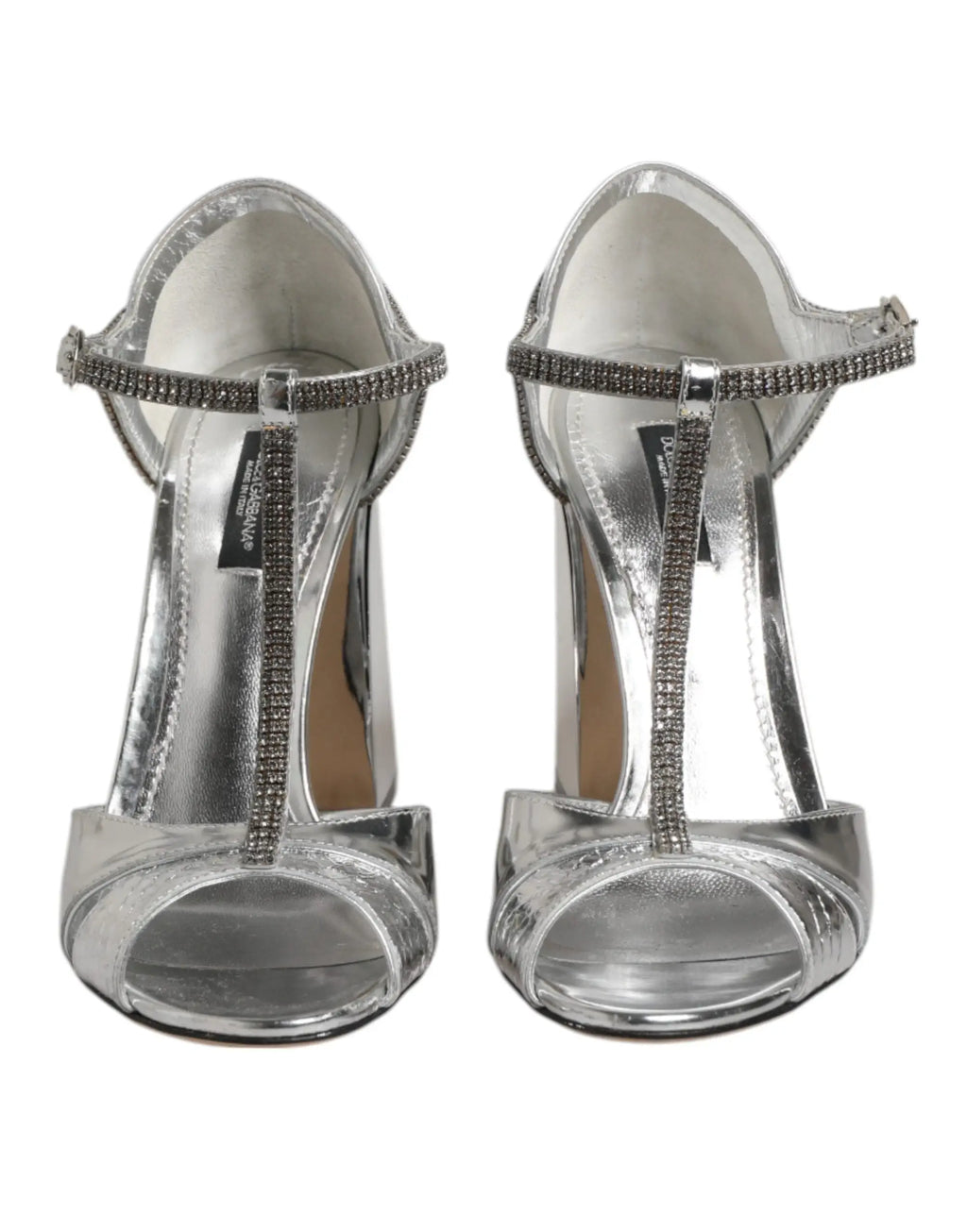 Sandales à talons hauts dolce & gabbana en cuir argenté avec bride t et strass scintillants sur les lanières et talon