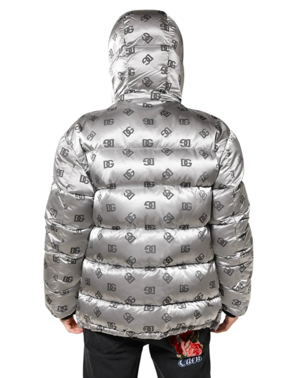 Dolce & gabbana silver puffer jacket with full zip hood and black dc logo pattern on quilted surface
