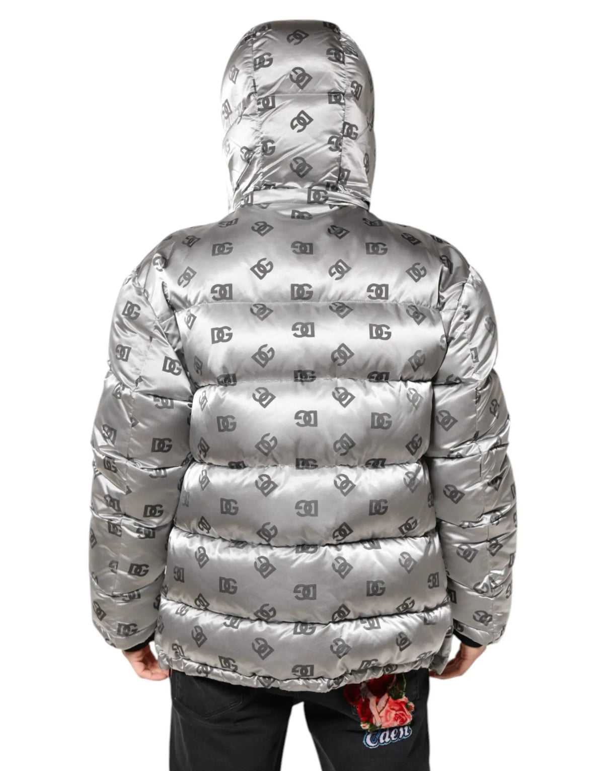 Dolce & gabbana silver puffer jacket with full zip hood and black dc logo pattern on quilted surface