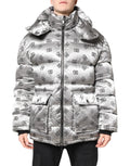 Dolce & gabbana veste matelassée argentée avec logo dc noir répété, capuche et deux poches avant