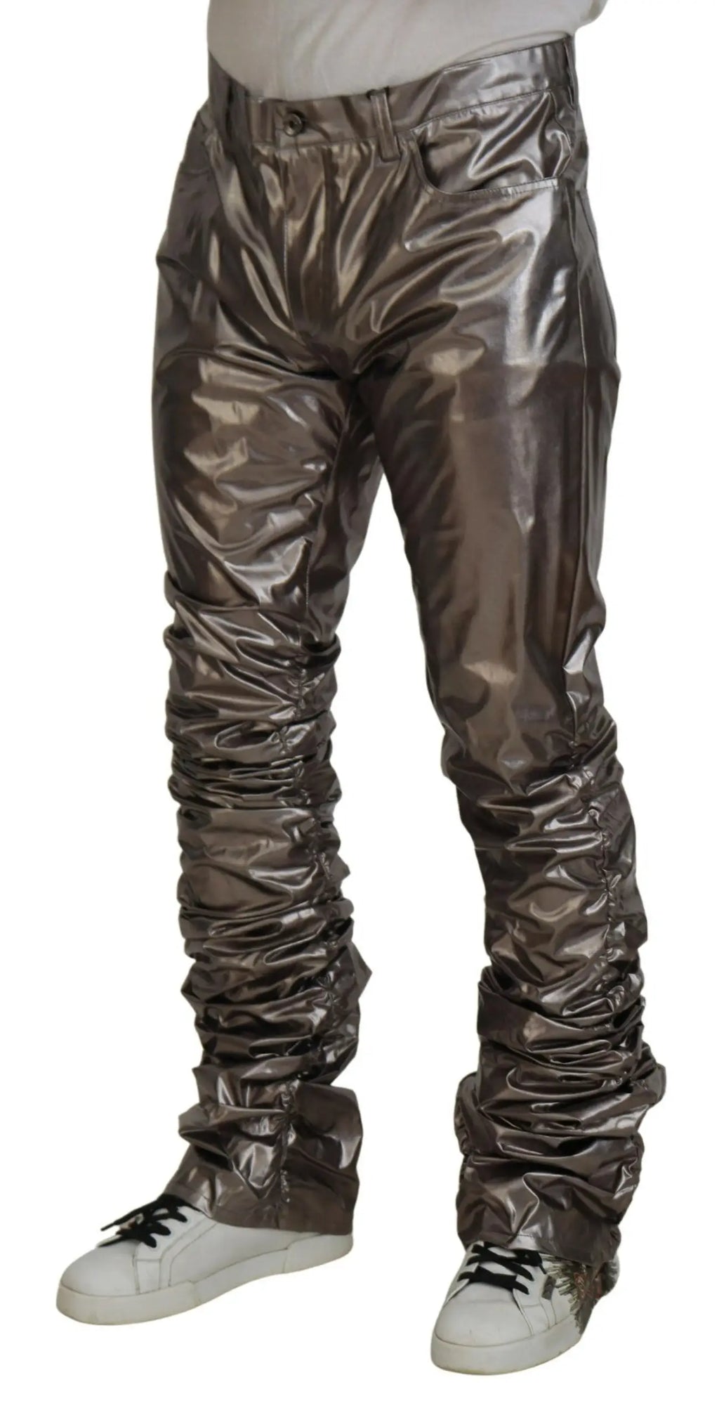 Pantalon dolce gabbana en nylon stretch gris métallique brillant avec effet froncé et finition réfléchissante