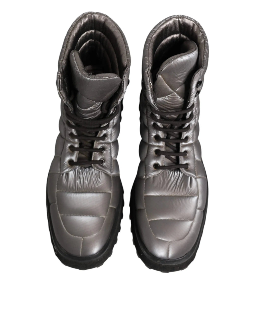 Bottes mi-mollet argentées rembourrées dolce & gabbana avec lacets noirs et semelle en caoutchouc robuste