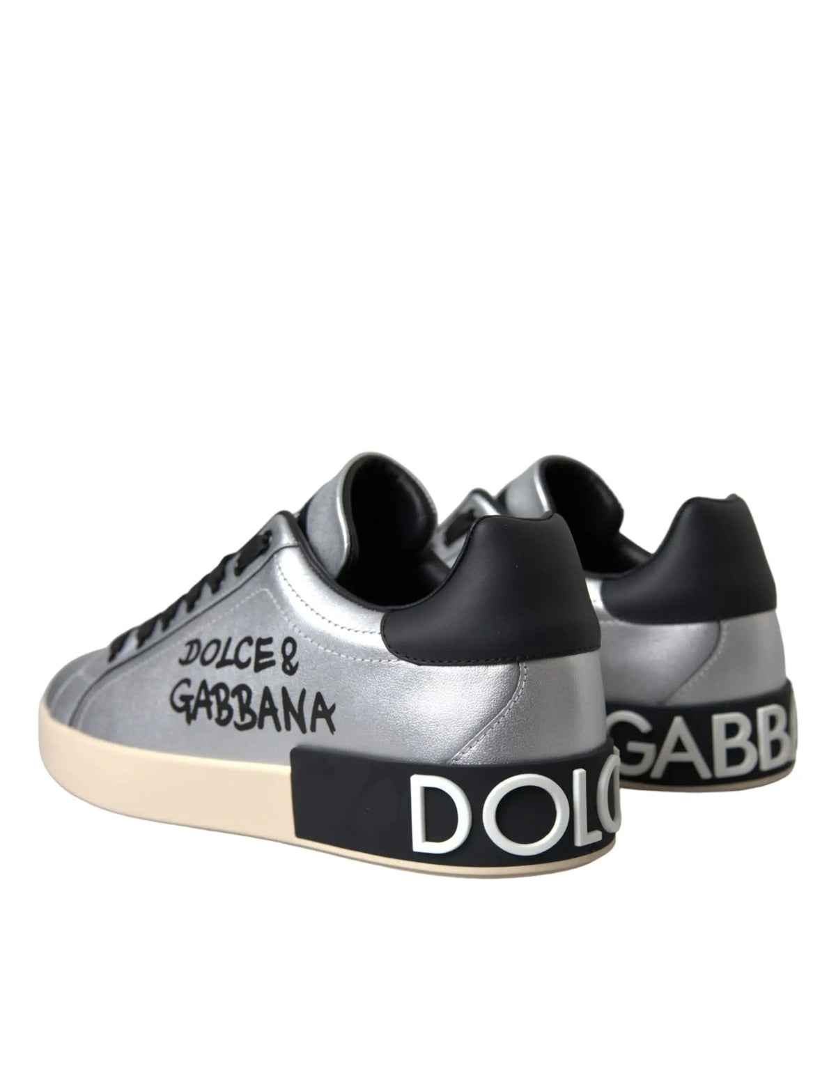 Baskets dolce & gabbana portofino pour homme en cuir de veau argenté et noir avec finition métallique et semelles crème contrastées