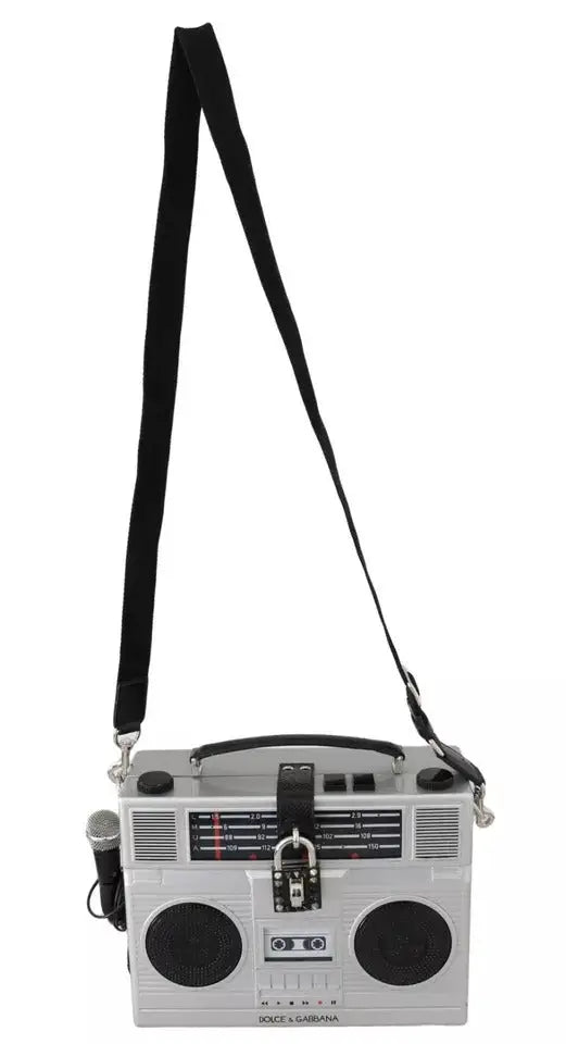 Sac bandoulière en bois argenté dolce & gabbana en forme de boombox rétro avec haut-parleurs noirs et micro