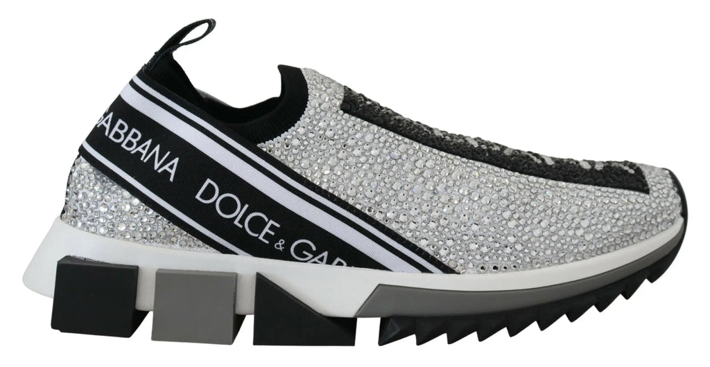 Baskets slip-on dolce & gabbana argentées ornées de cristaux avec bandes noires et blanches et semelle géométrique épaisse
