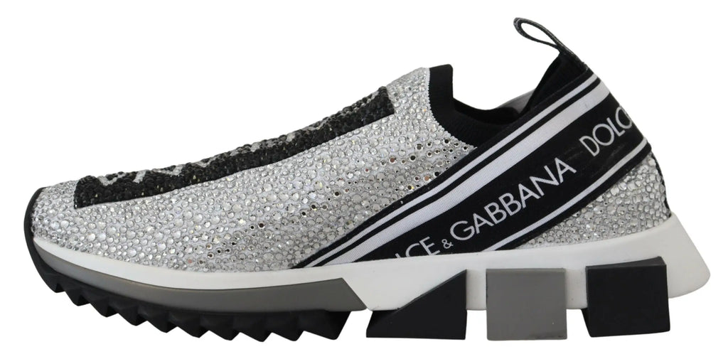 Baskets à enfiler dolce & gabbana sorrento en cristaux argentés et noirs avec semelle épaisse et ornements en rhinestones