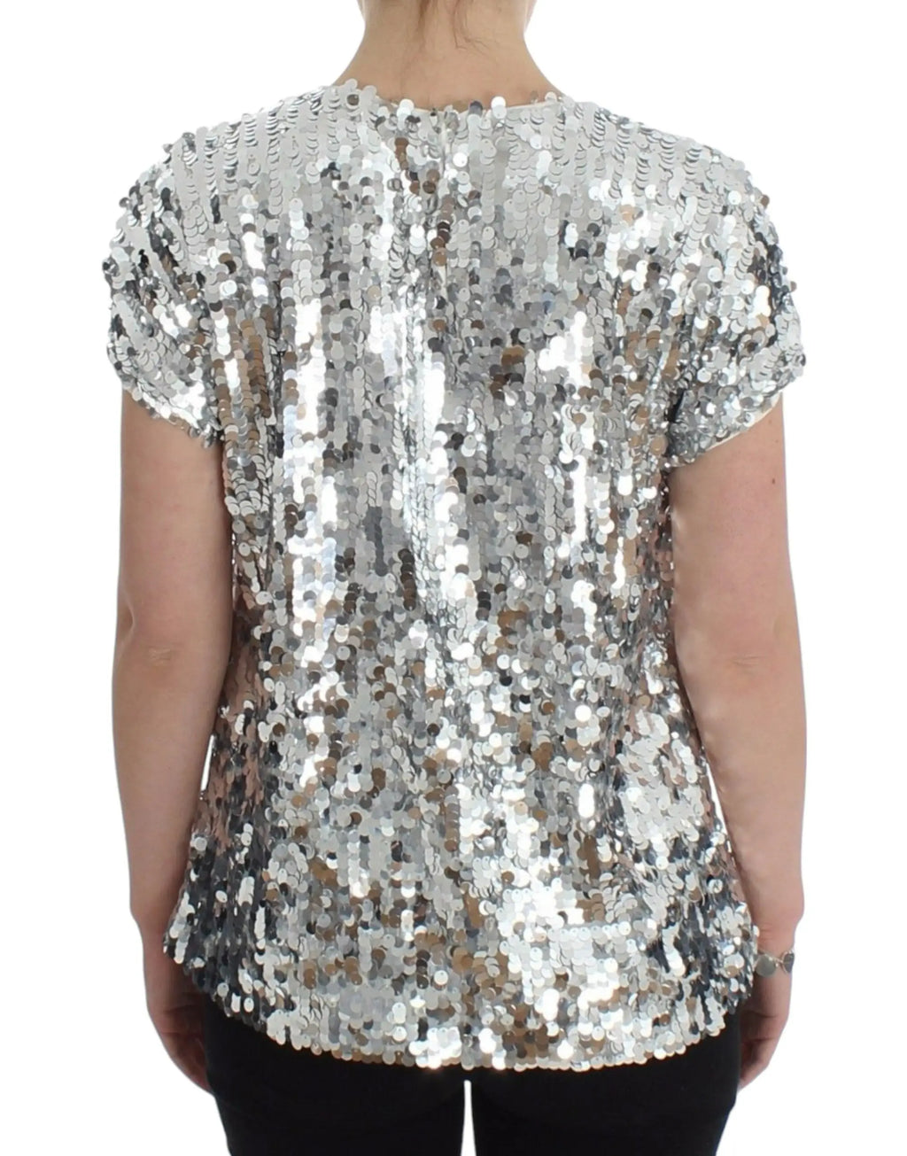 Dolce & gabbana haut à manches courtes en sequins argentés avec silhouette ajustée légèrement évasée