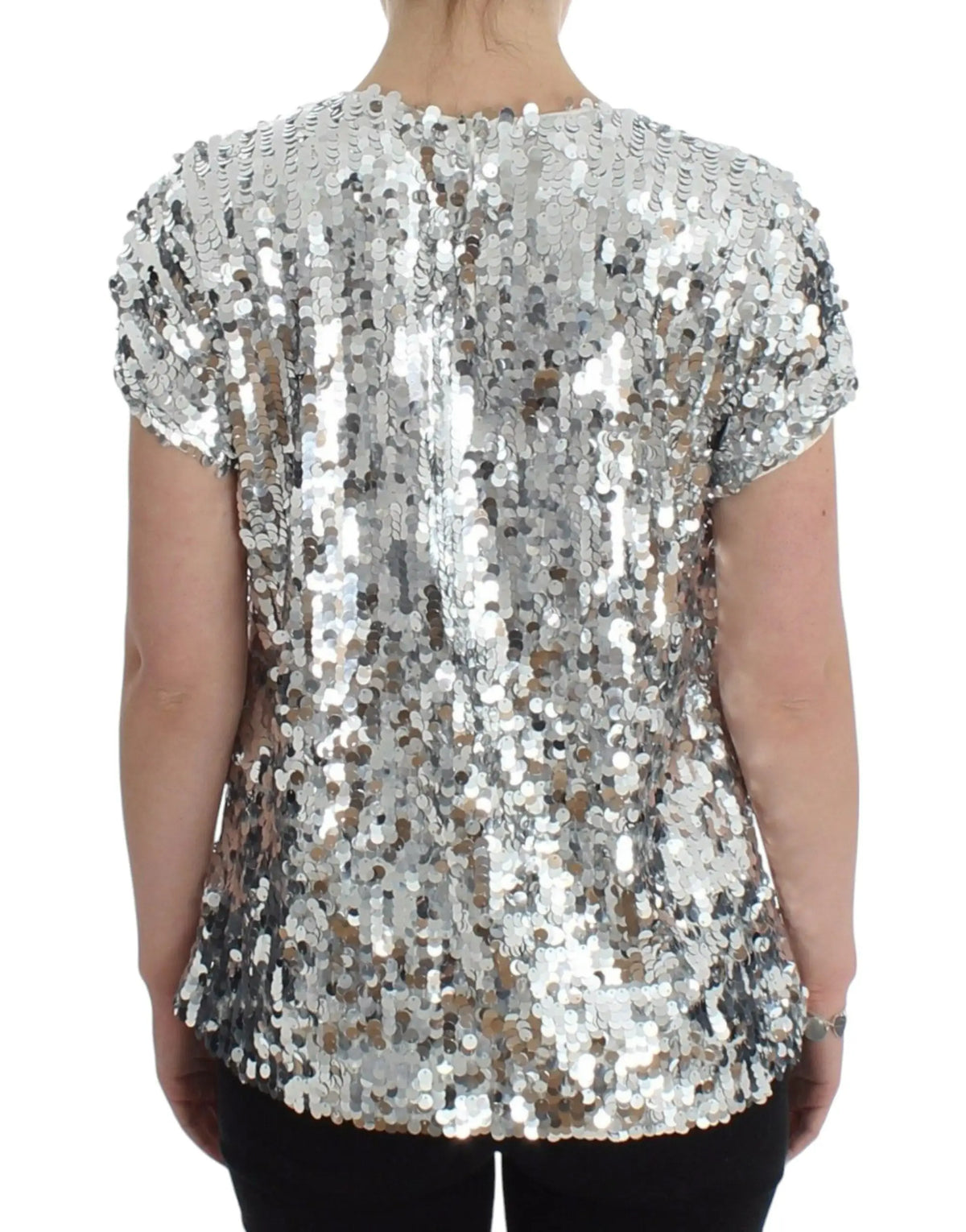 Dolce & gabbana haut à manches courtes en sequins argentés avec silhouette ajustée légèrement évasée