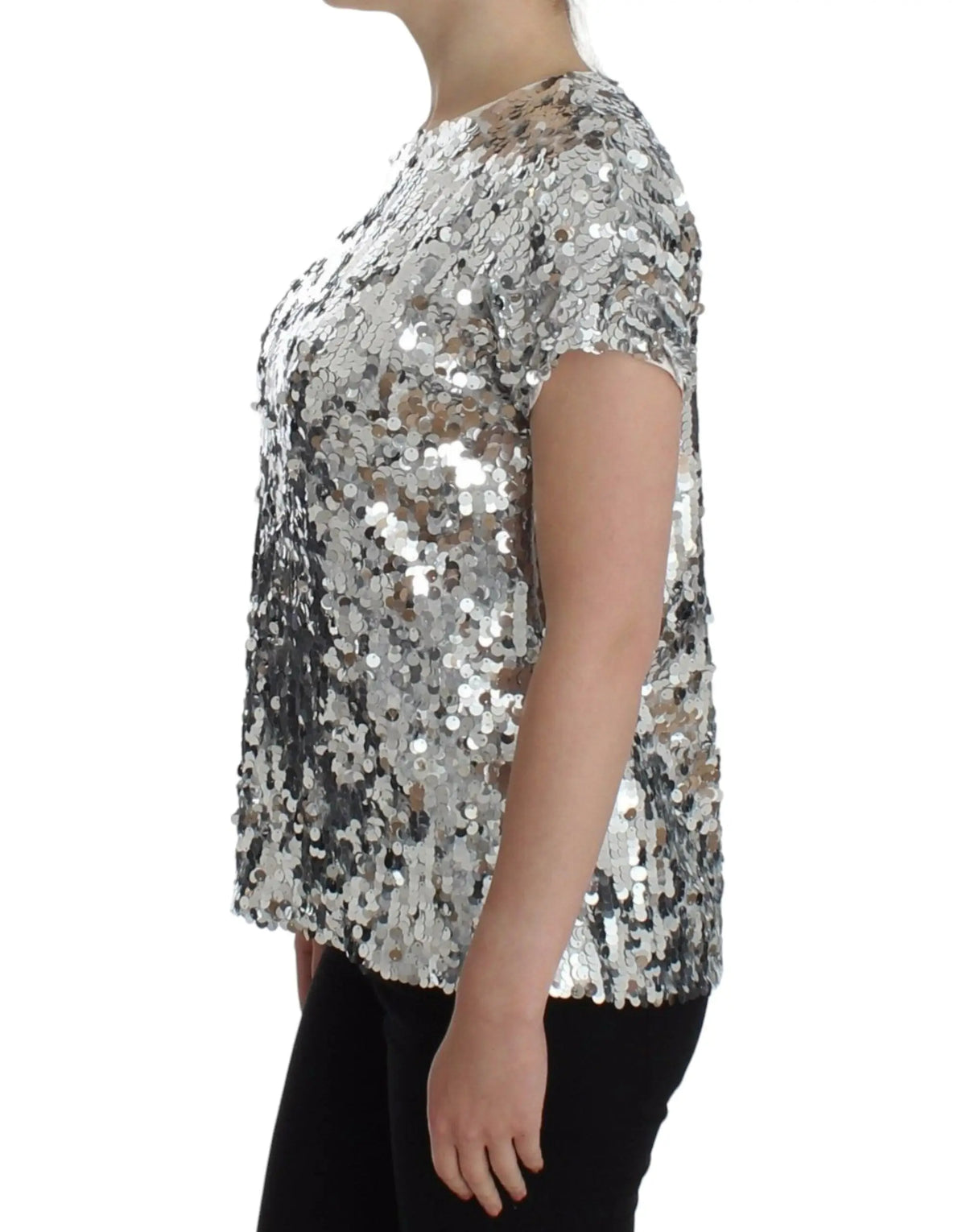 Dolce & gabbana blouse t-shirt argentée à manches courtes en sequins avec col rond en tissu scintillant