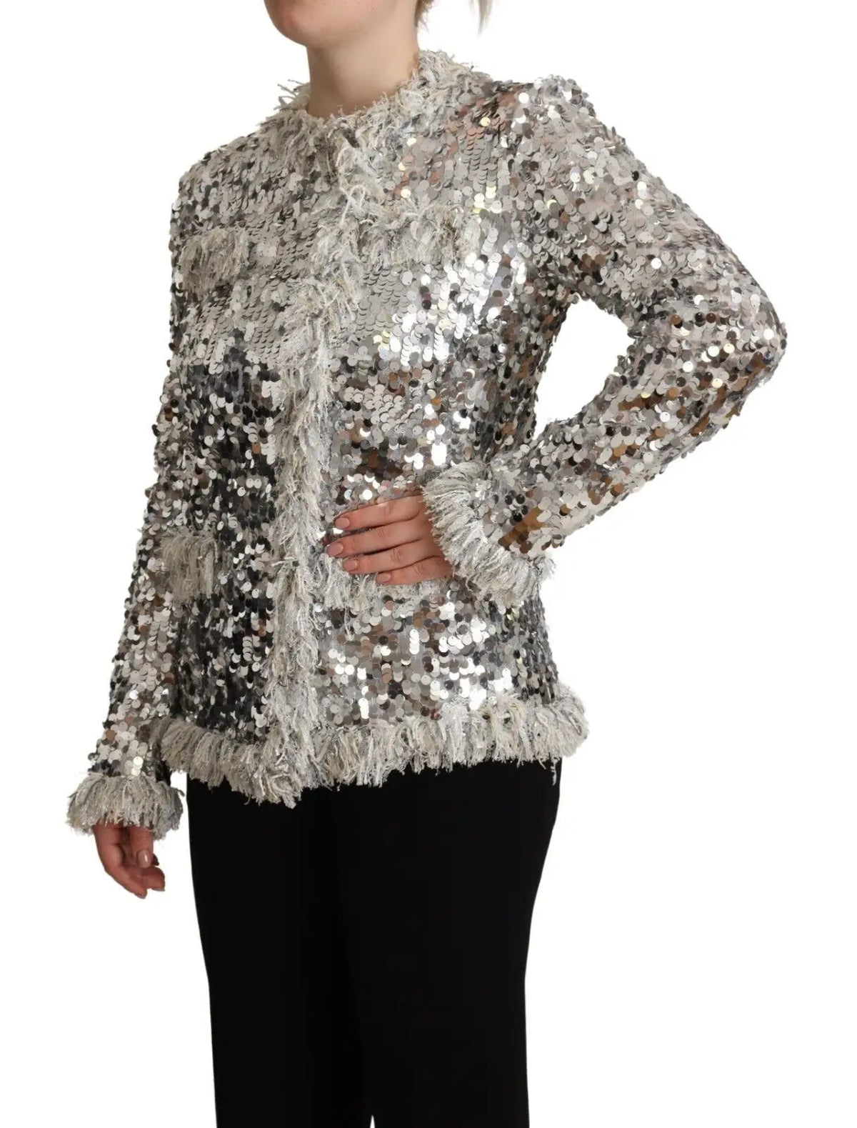 Veste à manches longues dolce & gabbana en sequins argentés avec col haut et finitions à franges en shearling