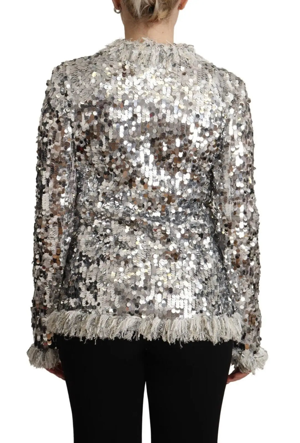 Veste à manches longues dolce & gabbana argentée en sequins avec finition en franges aux poignets et à l’ourlet