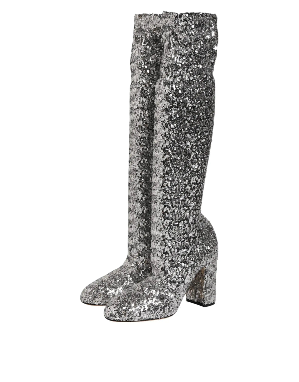 Dolce & gabbana bottes hautes argentées à sequins avec talon épais glitter over-the-knee