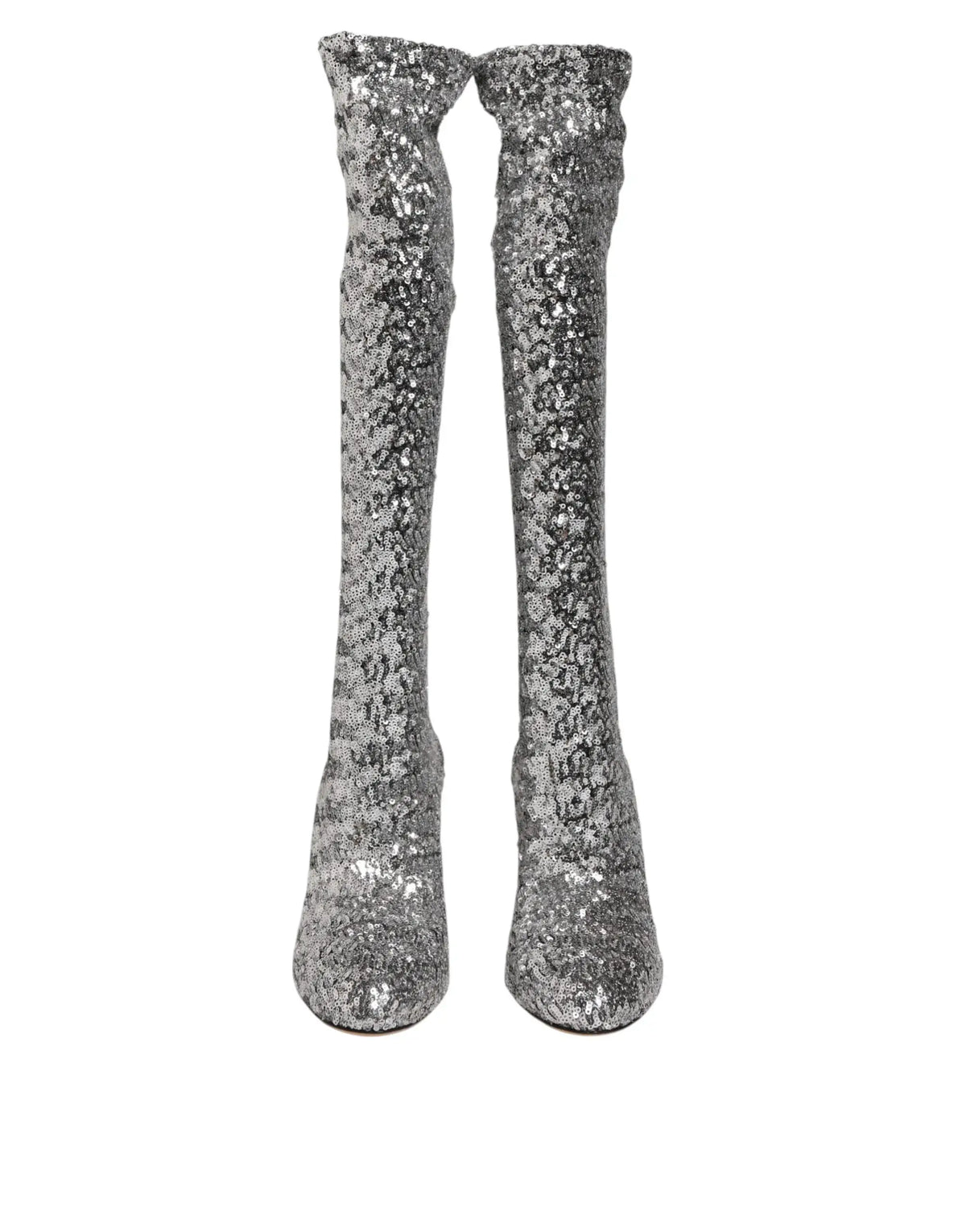 Dolce & gabbana bottes hautes argentées à paillettes en sequins avec design ajusté et talons hauts