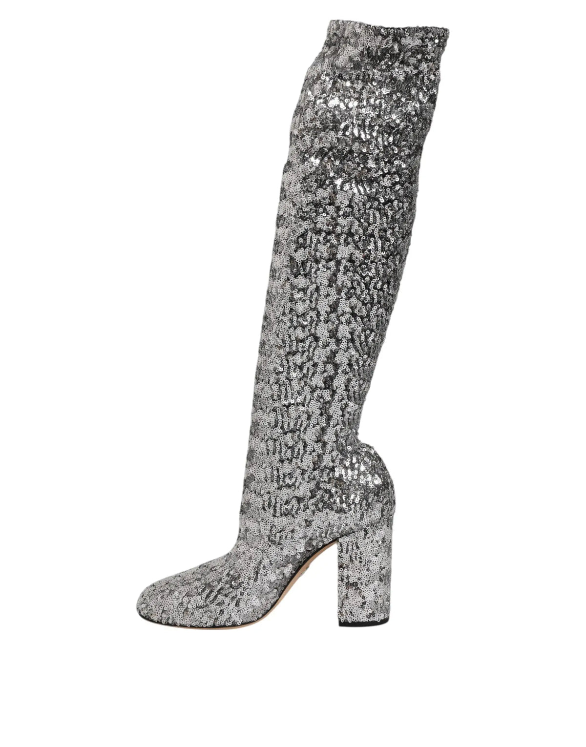 Bottes dolce & gabbana argentées paillettes à talon épais et hauteur genou en sequins glitter