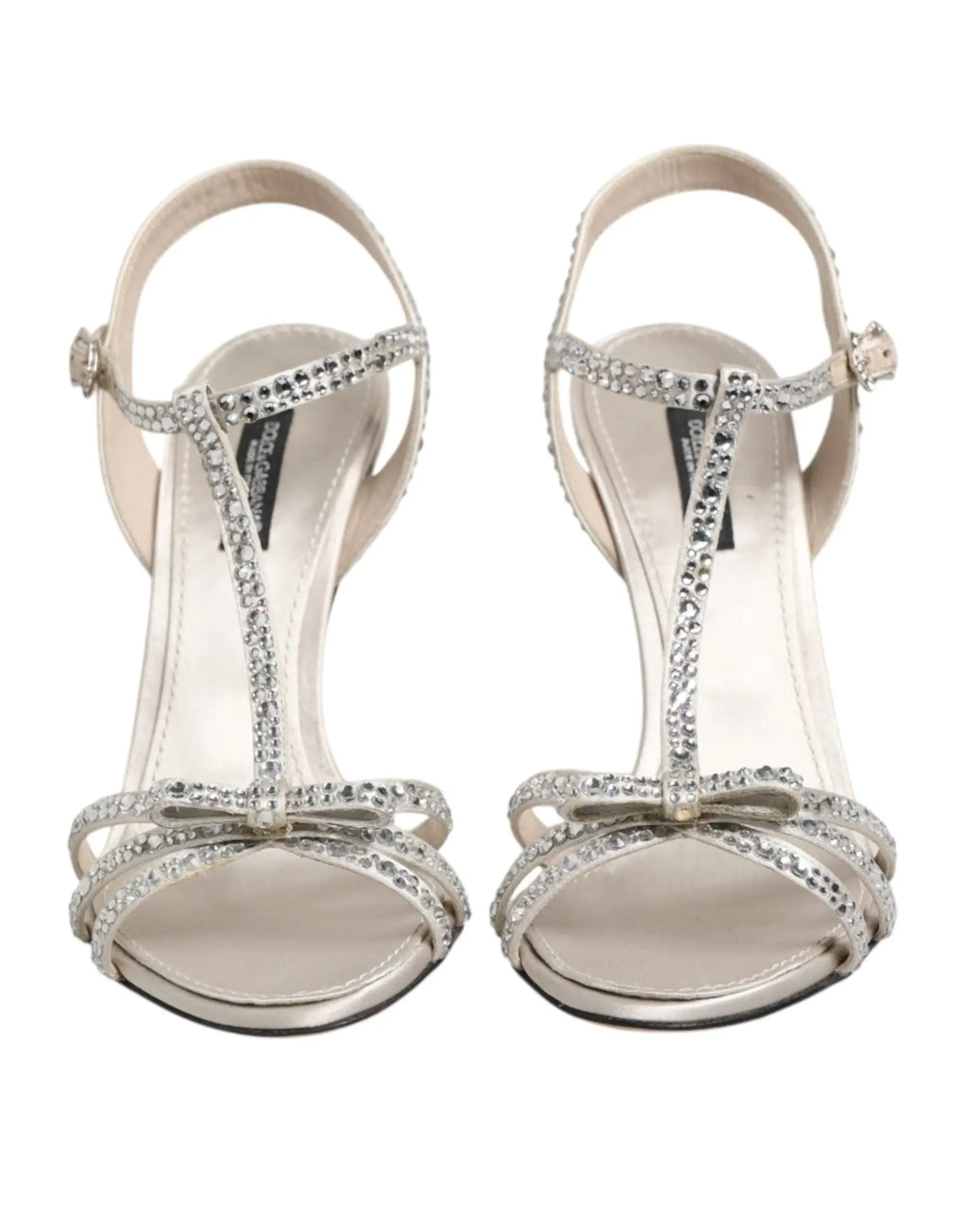 Dolce & gabbana sandales à talons argentées strass avec bride cheville ornées de strass et nœud décoratif devant