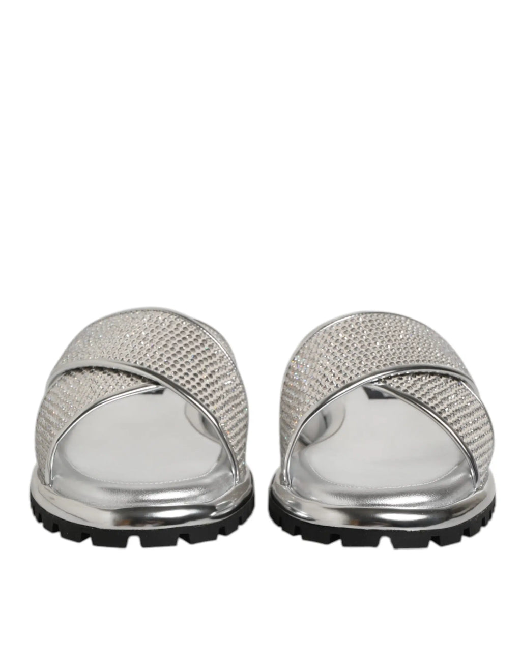 Dolce & gabbana silver strass slide sandales plates en mesh pailleté avec semelles noires en caoutchouc