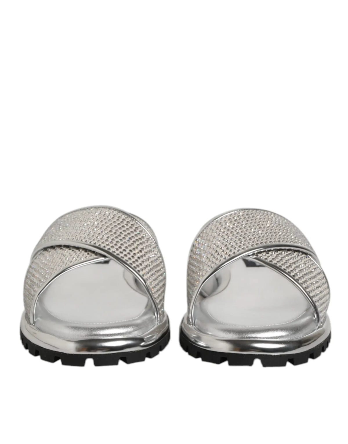 Dolce & gabbana silver strass slide sandales plates en mesh pailleté avec semelles noires en caoutchouc