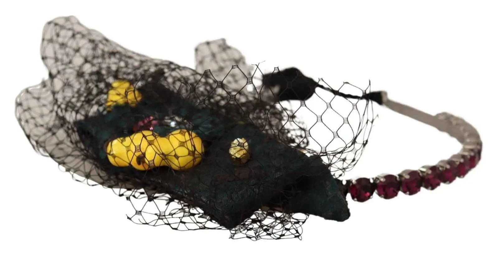 Dolce & gabbana diadème en maille noire orné de dentelle jaune et rangée de strass rouges en cristal