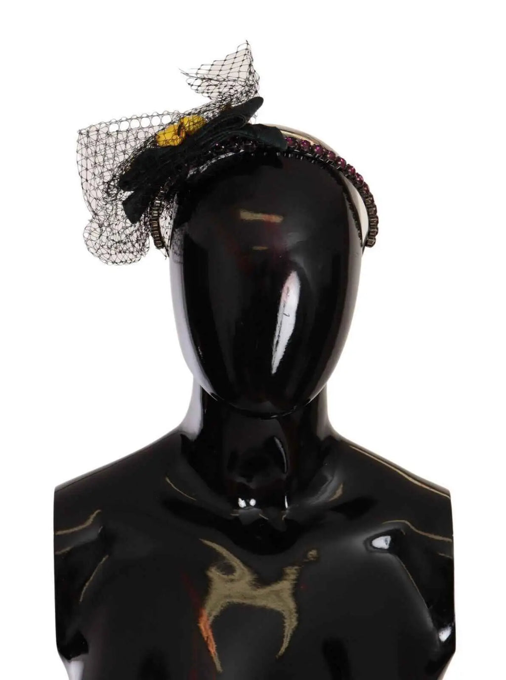 Dolce & gabbana diadème noir en maille avec nœud en tulle et bordure perlée orné de cristaux argentés fruits