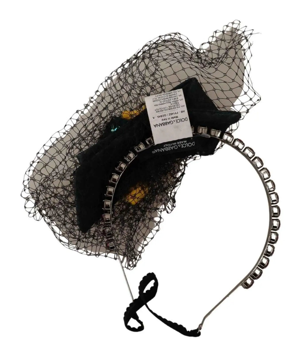 Dolce & gabbana black lace headband with rhinestone embellished metal band and decorative netting veil
